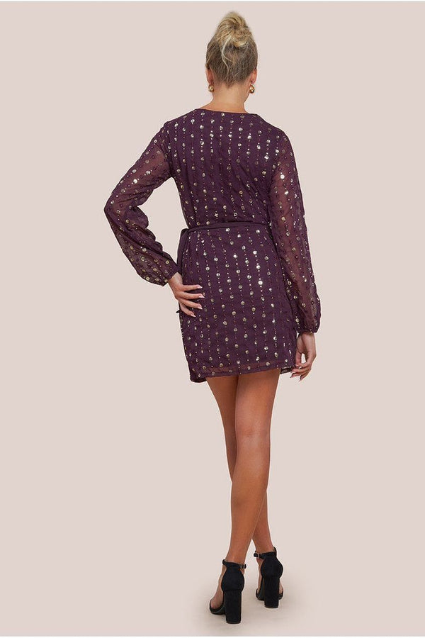 Goddiva Wrap Over Sequin Mini Dress - Wine By Goddiva