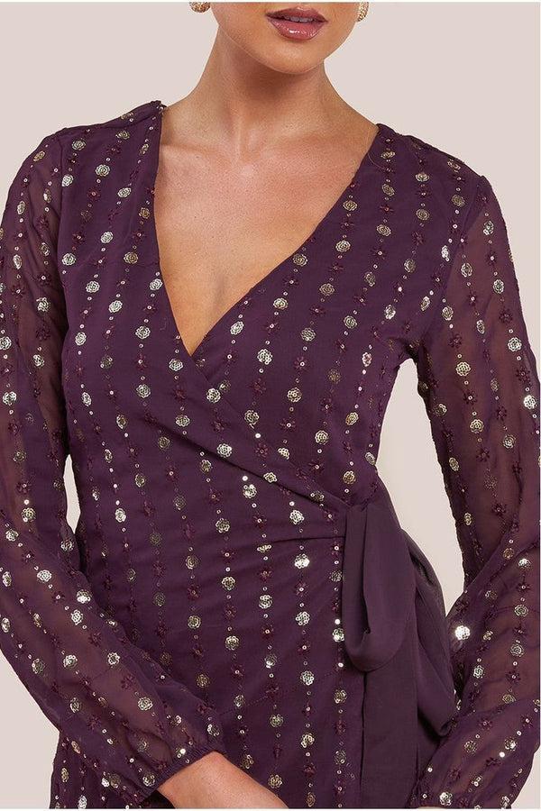 Goddiva Wrap Over Sequin Mini Dress - Wine By Goddiva