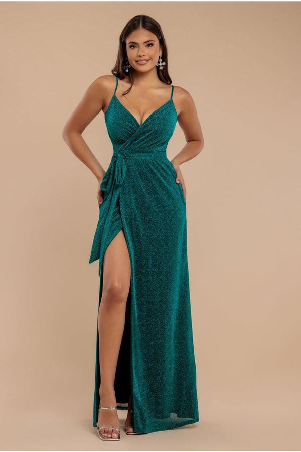 Goddiva Wrap Style Spaghetti Strap Maxi With Split - Emerald By Goddiva