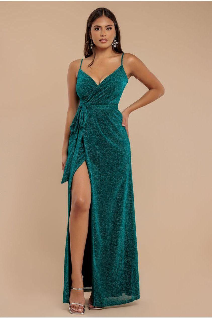 goddiva Wrap Style Spaghetti Strap Maxi With Split - Emerald by Goddiva