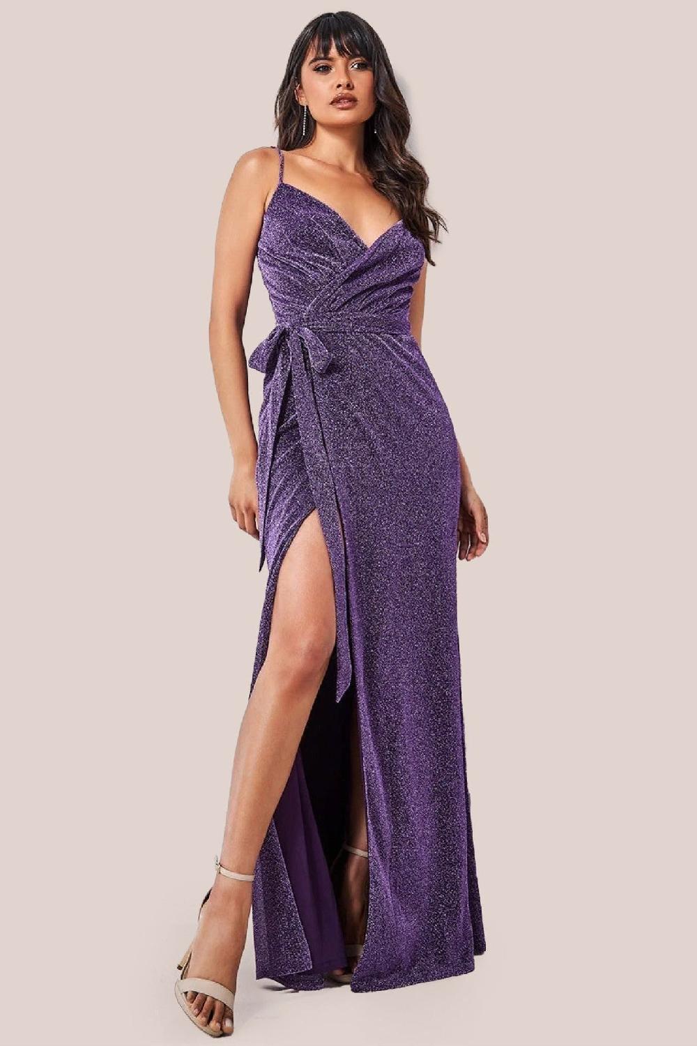 goddiva Wrap Style Spaghetti Strap Maxi With Split - Purple by Goddiva