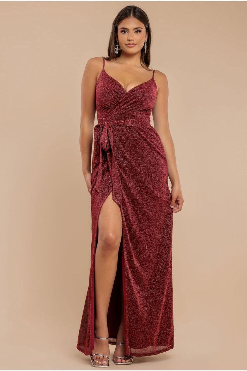 goddiva Wrap Style Spaghetti Strap Maxi With Split - Wine by Goddiva