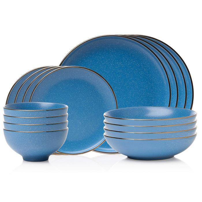 Godinger Beaumont Blue Stoneware Gold Rim 16 Piece Dinnerware Set Service For 4