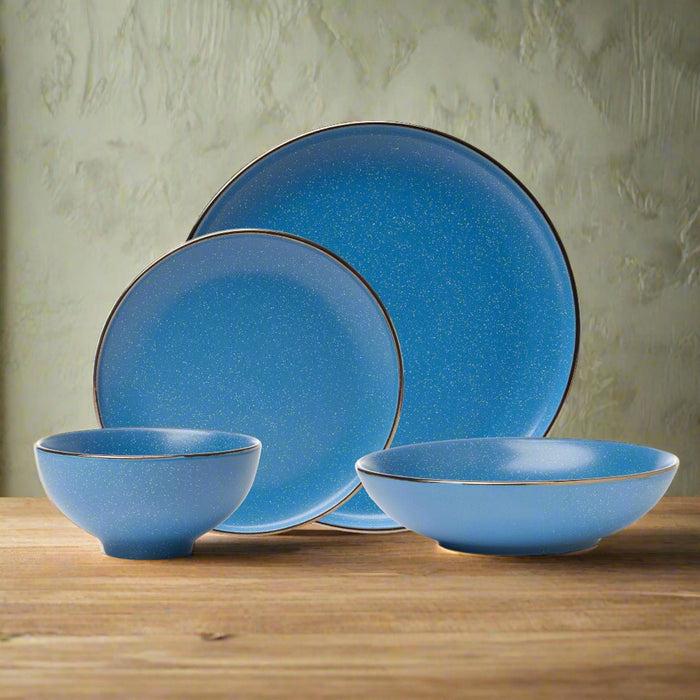 Godinger Beaumont Blue Stoneware Gold Rim 16 Piece Dinnerware Set Service For 4
