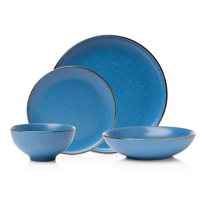 godinger Beaumont Blue Stoneware Gold Rim 16 Piece Dinnerware Set Service for 4