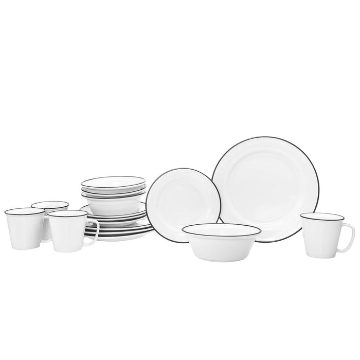 Godinger Bistro Black Rim Porcelain 16 Piece Dinnerware Set Service For 4