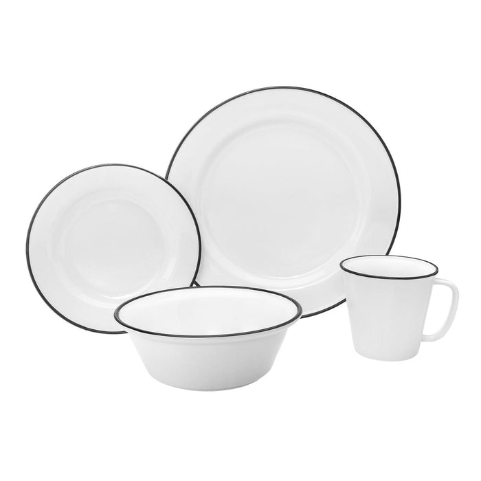 godinger Bistro Black Rim Porcelain 16 Piece Dinnerware Set Service For 4
