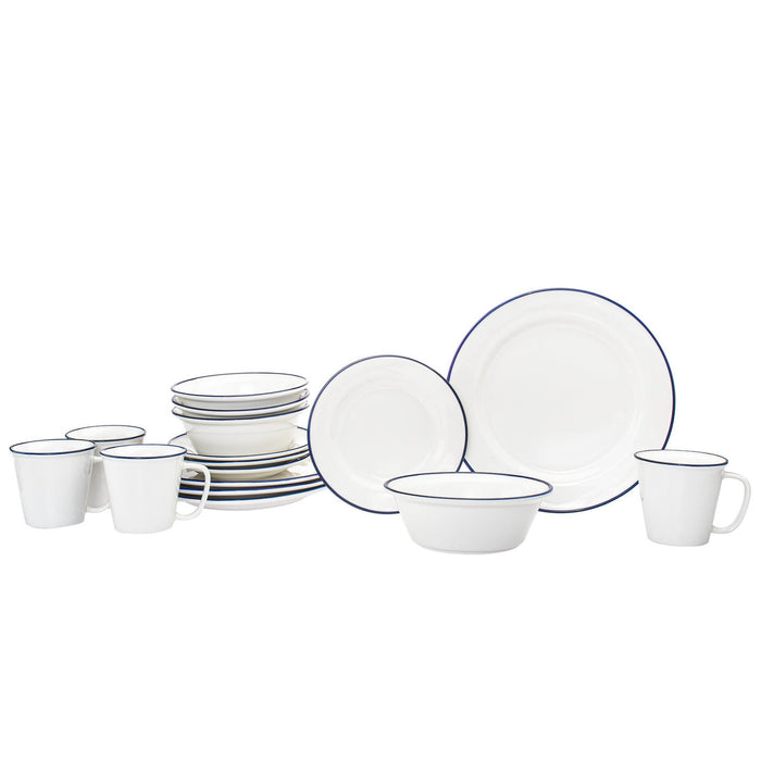 Godinger Bistro Blue Rim Porcelain 16 Piece Dinnerware Set Service For 4