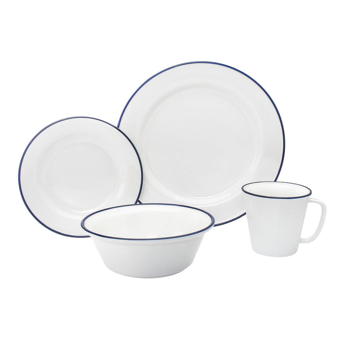 godinger Bistro Blue Rim Porcelain 16 Piece Dinnerware Set Service For 4