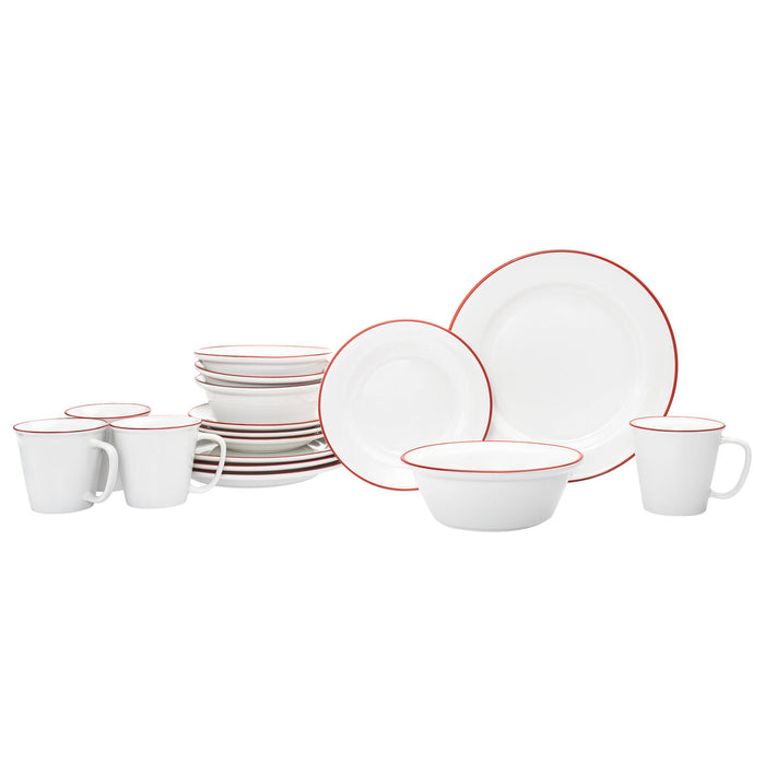 Godinger Bistro Red Rim Porcelain 16 Piece Dinnerware Set Service For 4
