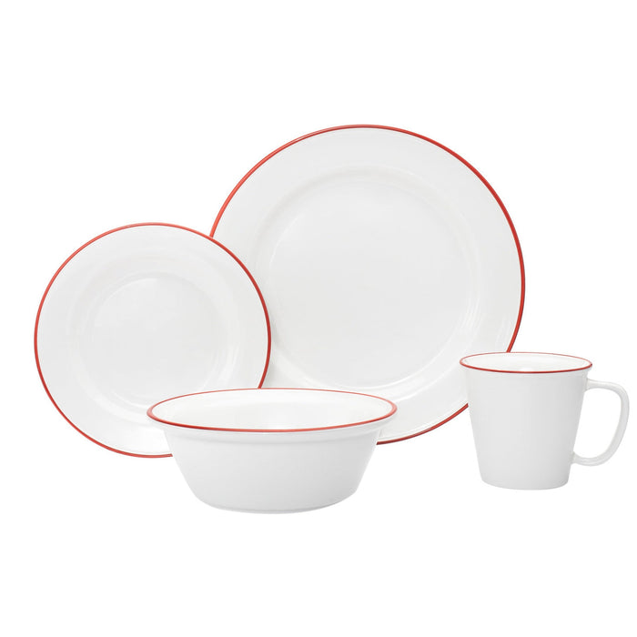 godinger Bistro Red Rim Porcelain 16 Piece Dinnerware Set Service For 4