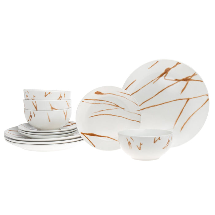 Godinger Boulon Gold Porcelain 12 Piece Dinnerware Set Service For 4