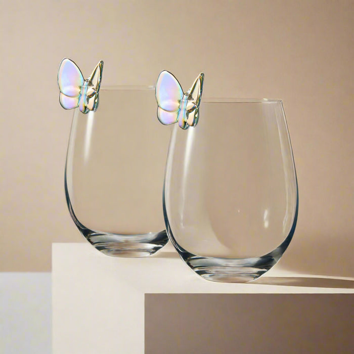 Godinger Butterfly Iridescent Stemless Wine Set Of 2