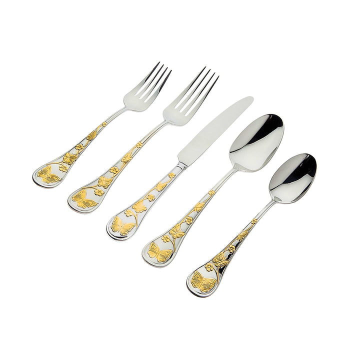 Godinger Butterfly Sandblast 24kt Gold Plated 18/10 Stainless Steel 20 Piece Flatware Set Service For 4