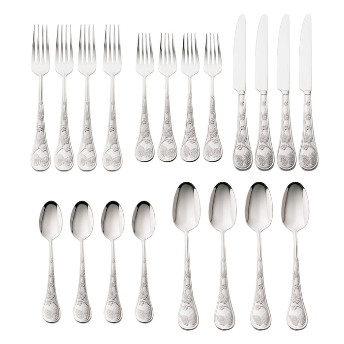 Godinger Butterfly Sandblasted 18/10 Stainless Steel 20 Piece Flatware Set Service For 4