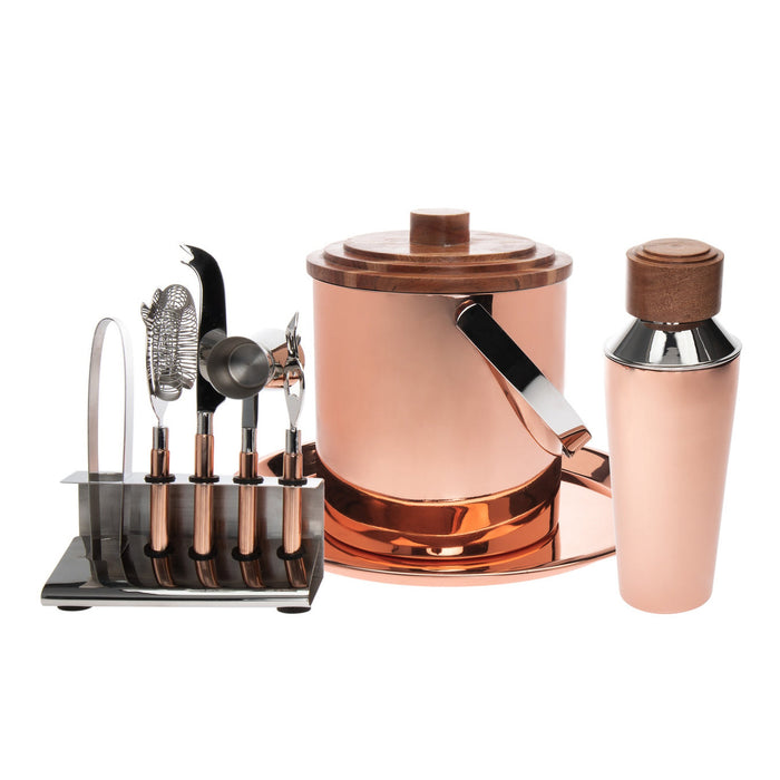 godinger Acacia Wood & Copper 9 Piece Bar Tool Set