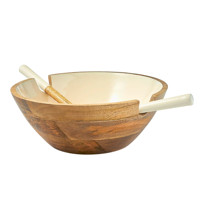 Godinger Huck Wood & Enamel Salad Bowl With Servers