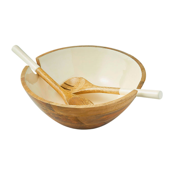 Godinger Huck Wood & Enamel Salad Bowl With Servers