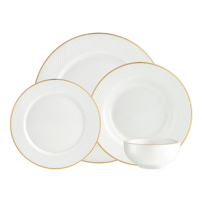 godinger Pique Porcelain Gold Rim 16 Piece Dinnerware Set Service For 4