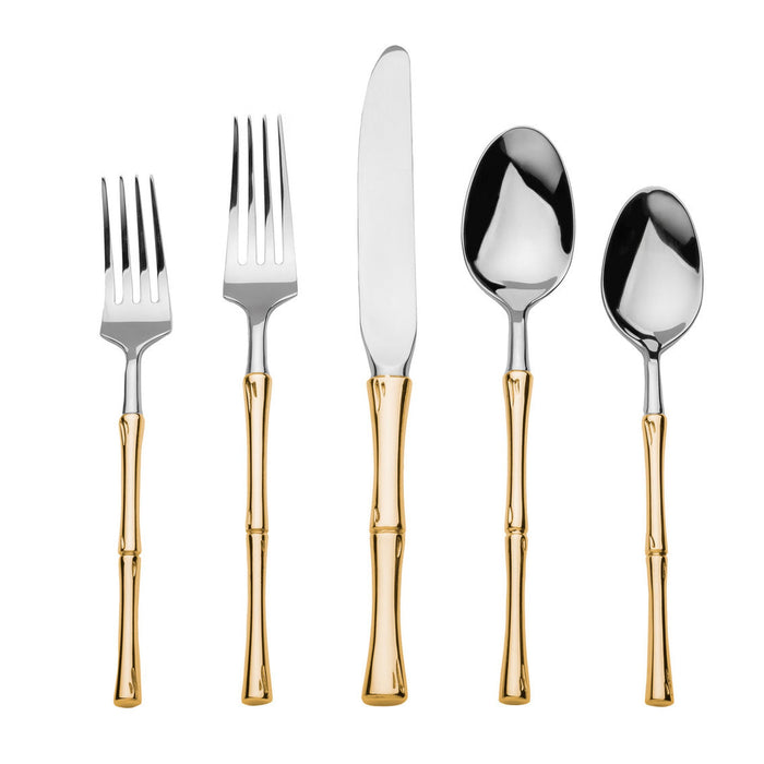 godinger Rattan Mirrored Accented Gold 18/10 Stainless Steel 20 Piece Flatware Set Service For 4