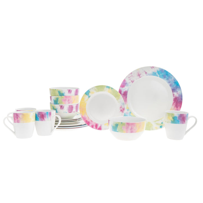 Godinger Tie Dye Multicolor Porcelain 16 Piece Dinnerware Set Service For 4