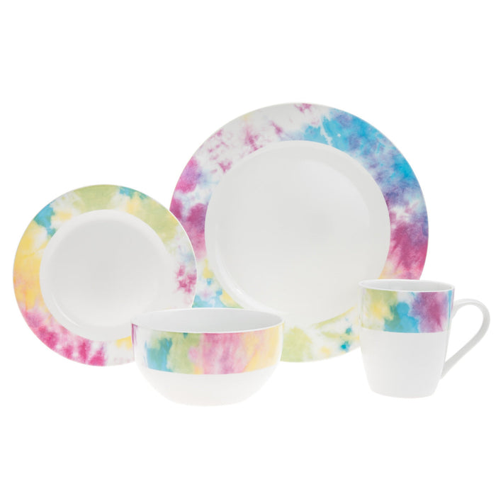 godinger Tie Dye Multicolor Porcelain 16 Piece Dinnerware Set Service For 4