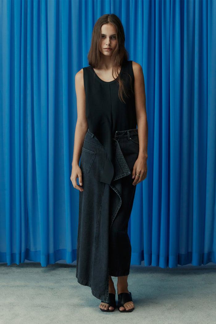 Goen.j Asymmetric Draped Down Washed Denim Skirt BLUE