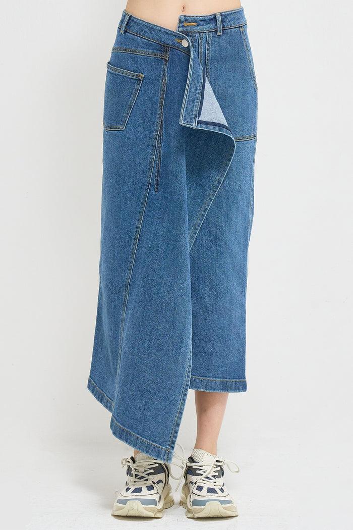Goen.j Asymmetric Draped Down Washed Denim Skirt BLUE