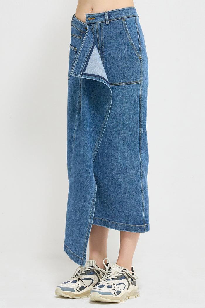 Goen.j Asymmetric Draped Down Washed Denim Skirt BLUE