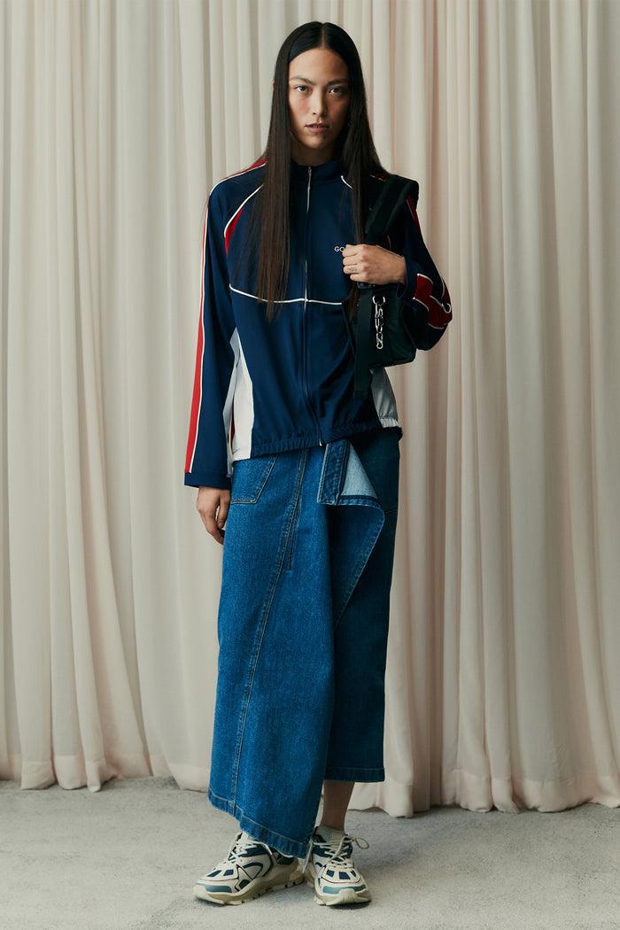 goen.j Asymmetric draped down washed denim skirt BLUE