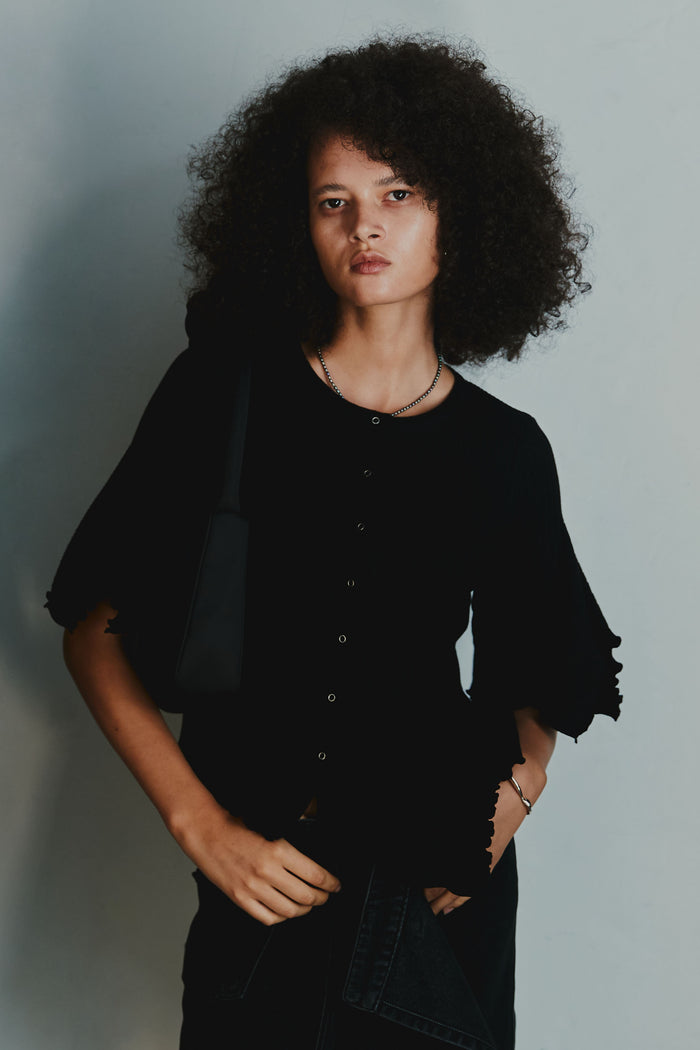 Goen.j Asymmetric Draped Down Washed Mini Denim Skirt BLACK