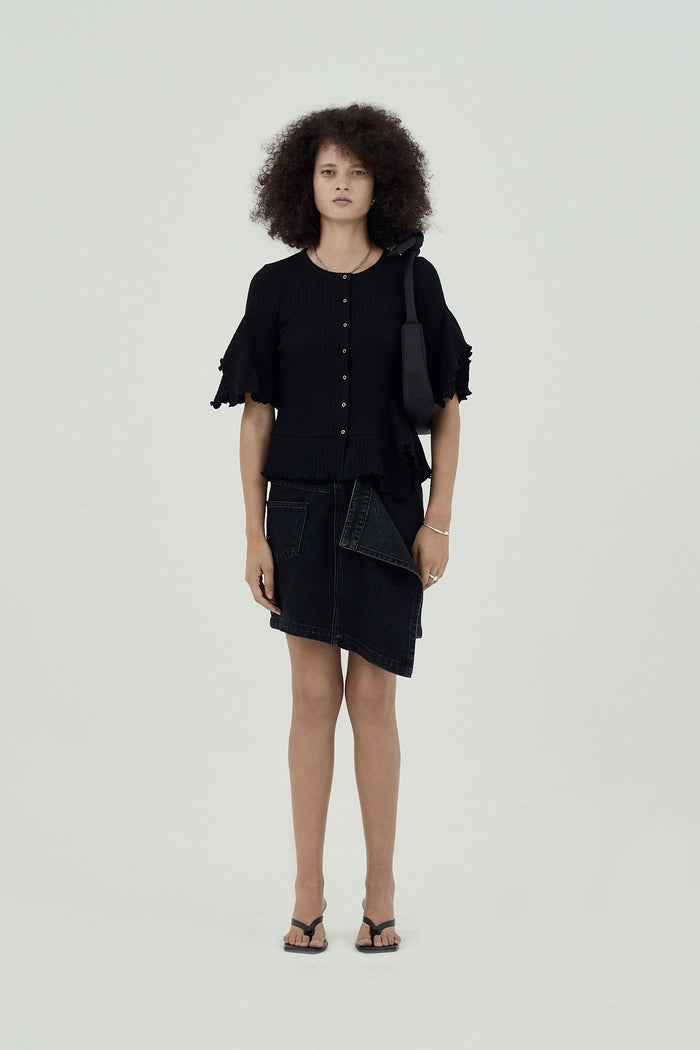Goen.j Asymmetric Draped Down Washed Mini Denim Skirt BLACK