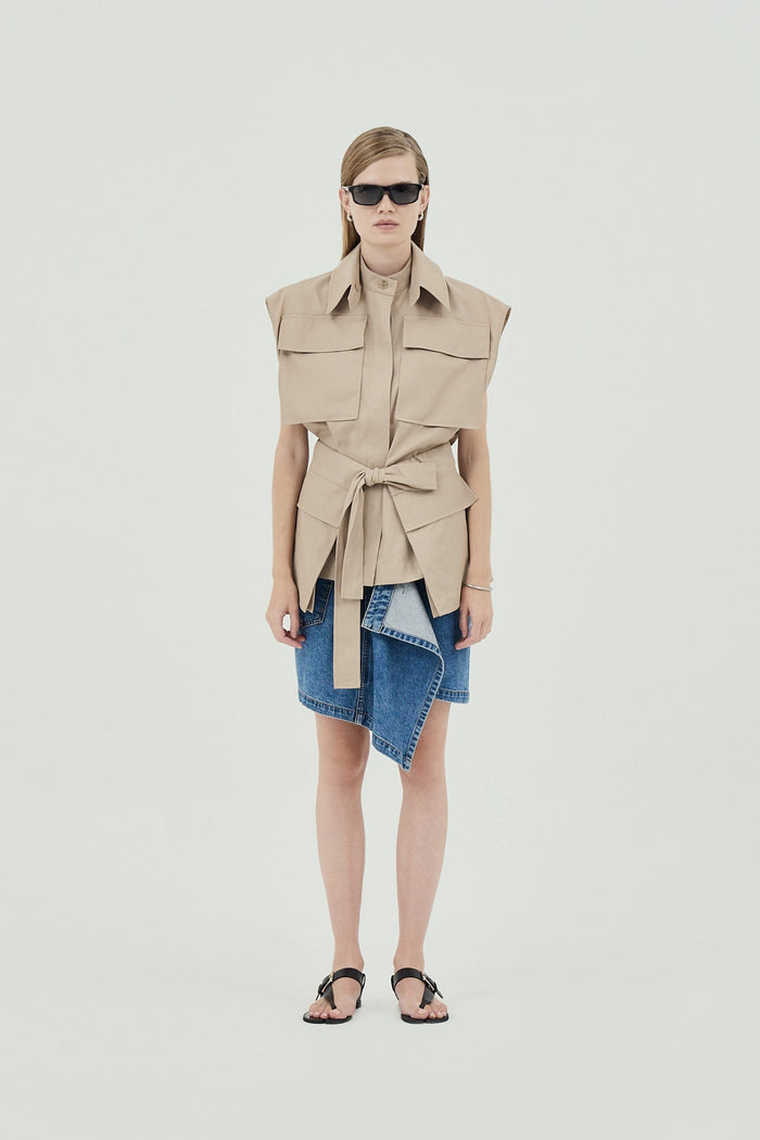 Goen.j Asymmetric Draped Down Washed Mini Denim Skirt BLUE