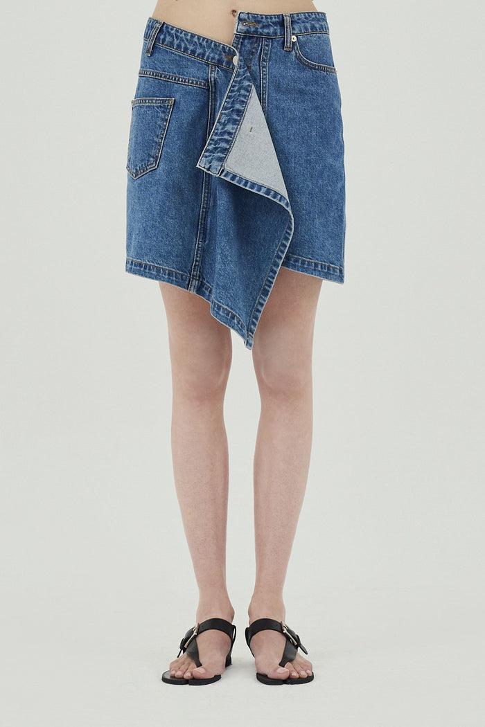 Goen.j Asymmetric Draped Down Washed Mini Denim Skirt BLUE