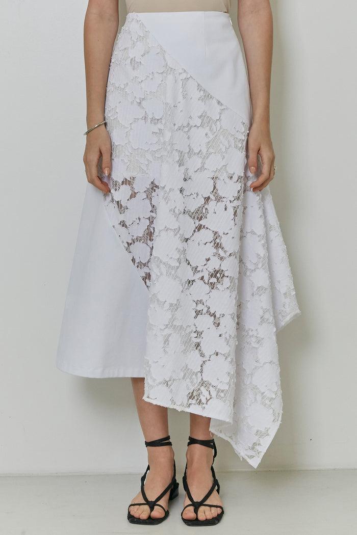Goen.j Asymmetric Draped Paneled Burn-out Denim Lace Skirt WHITE