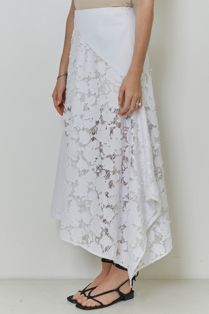 Goen.j Asymmetric Draped Paneled Burn-out Denim Lace Skirt WHITE