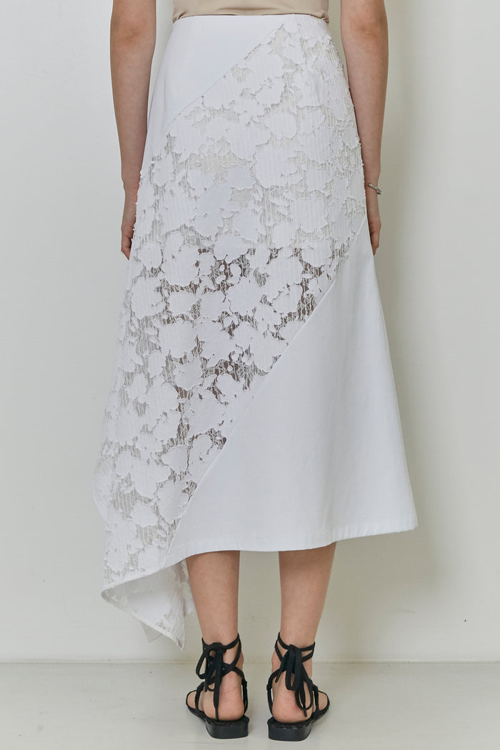 Goen.j Asymmetric Draped Paneled Burn-out Denim Lace Skirt WHITE