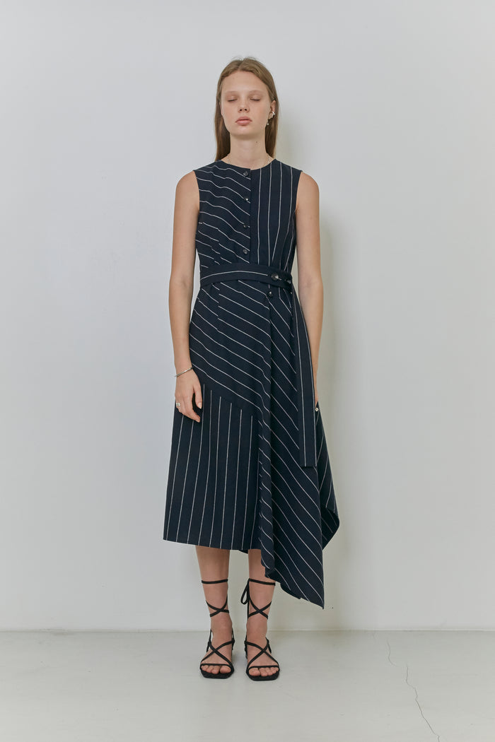 Goen.j Asymmetric Draped Paneled Linen And Cotton-blend Pinstriped Dress
