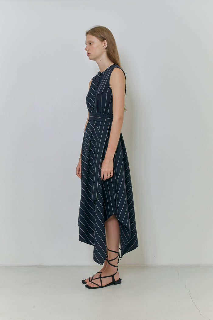 Goen.j Asymmetric Draped Paneled Linen And Cotton-blend Pinstriped Dress