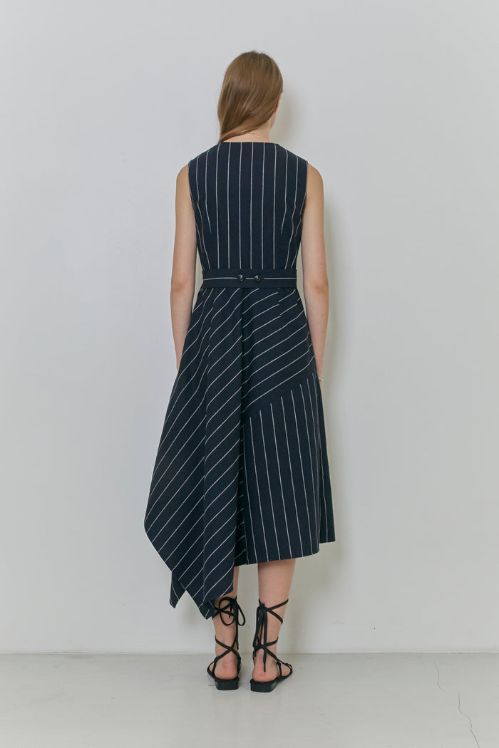 Goen.j Asymmetric Draped Paneled Linen And Cotton-blend Pinstriped Dress