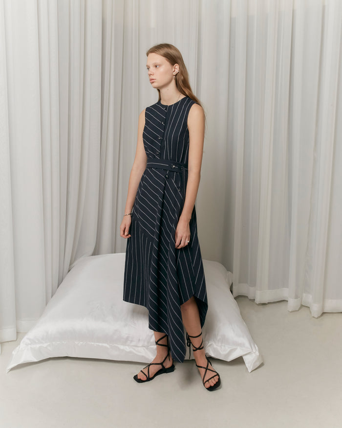 goen.j Asymmetric draped paneled linen and cotton-blend pinstriped dress