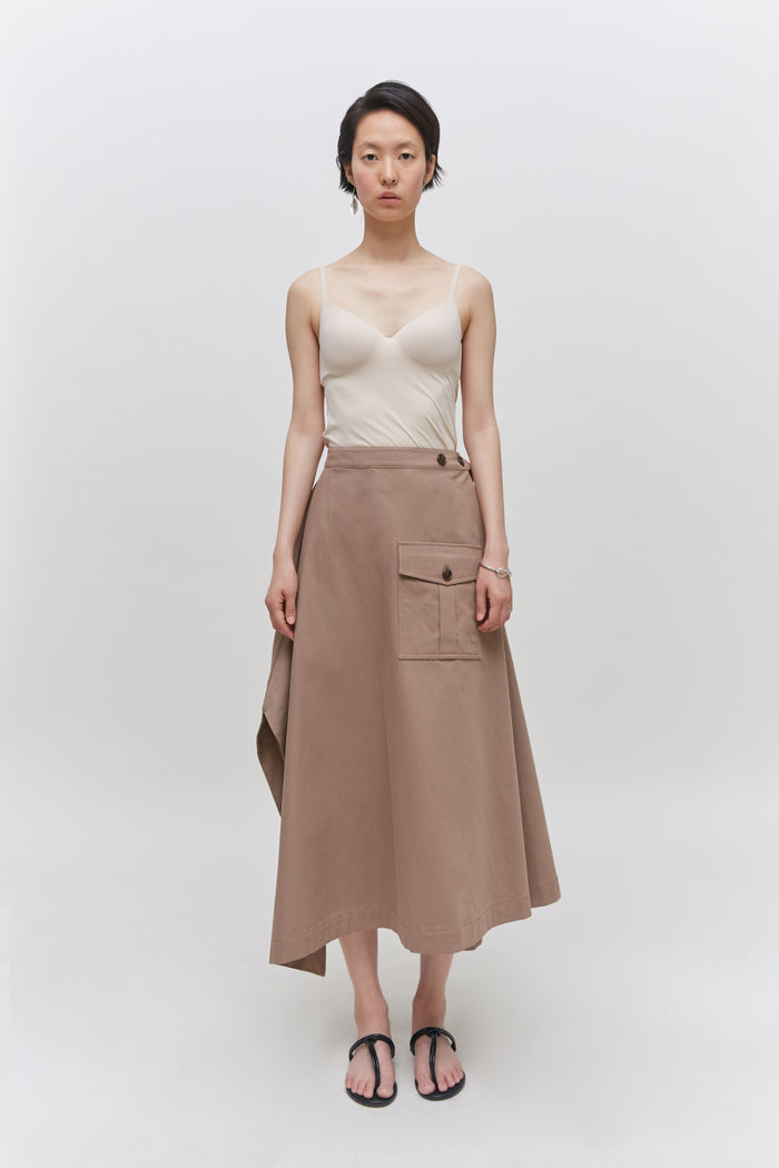 Goen.j Asymmetric Flared Cotton-blend Midi Skirt BEIGE