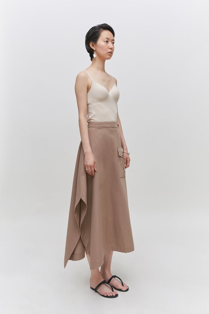 Goen.j Asymmetric Flared Cotton-blend Midi Skirt BEIGE