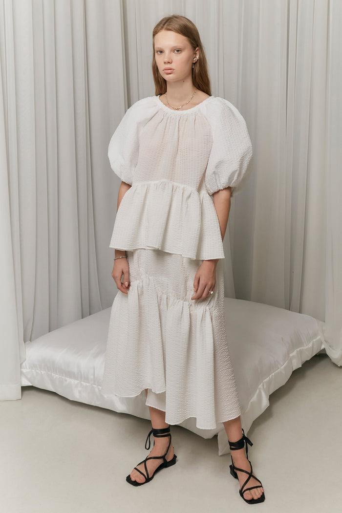 goen.j Asymmetric flared gathered seersucker skirt IVORY