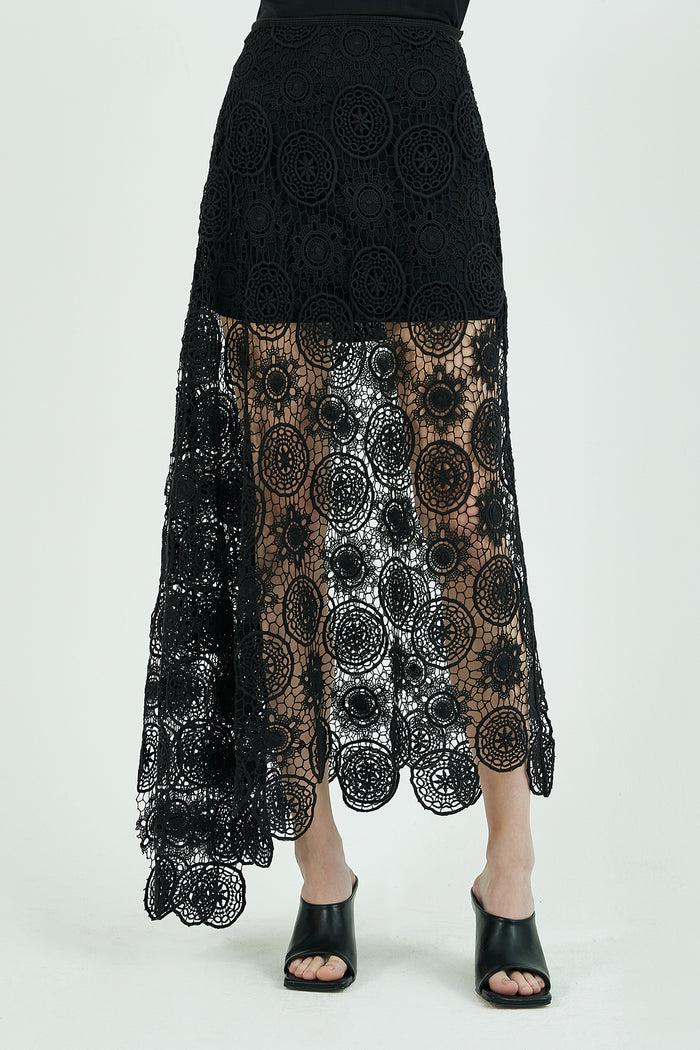 Goen.j Asymmetric Guipure Cotton Lace Maxi Skirt BLACK