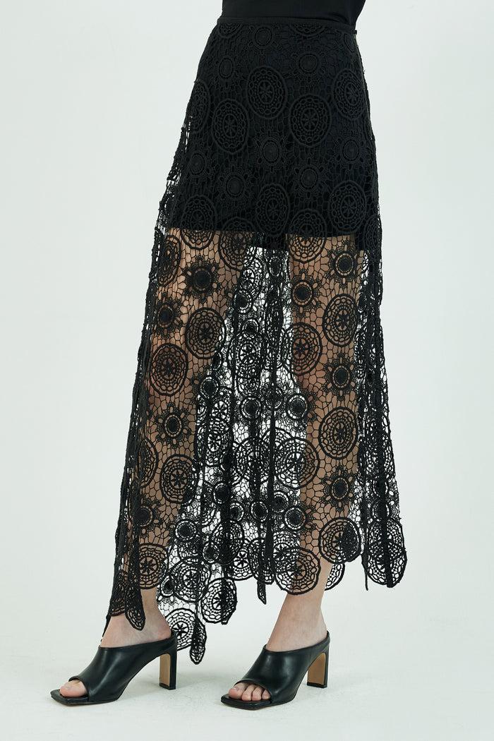 Goen.j Asymmetric Guipure Cotton Lace Maxi Skirt BLACK