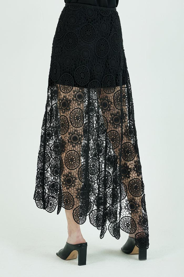 Goen.j Asymmetric Guipure Cotton Lace Maxi Skirt BLACK
