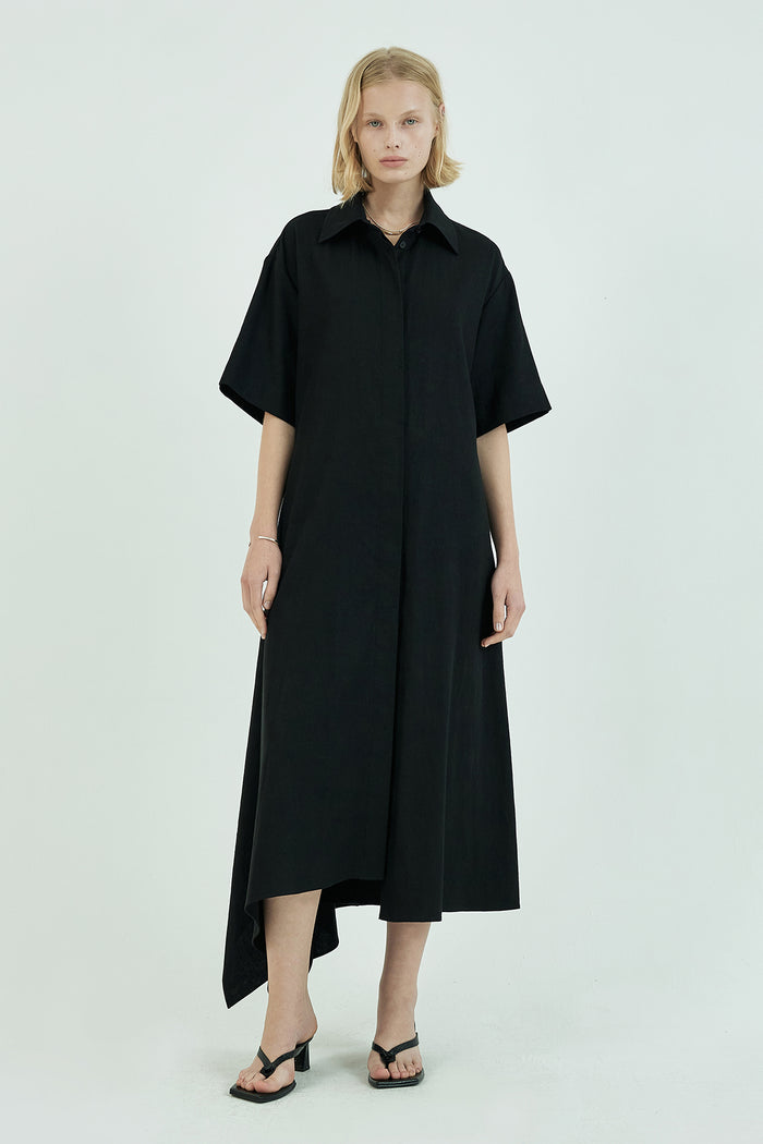 Goen.j Asymmetric-hem Linen-cotton Shirt Dress BLACK