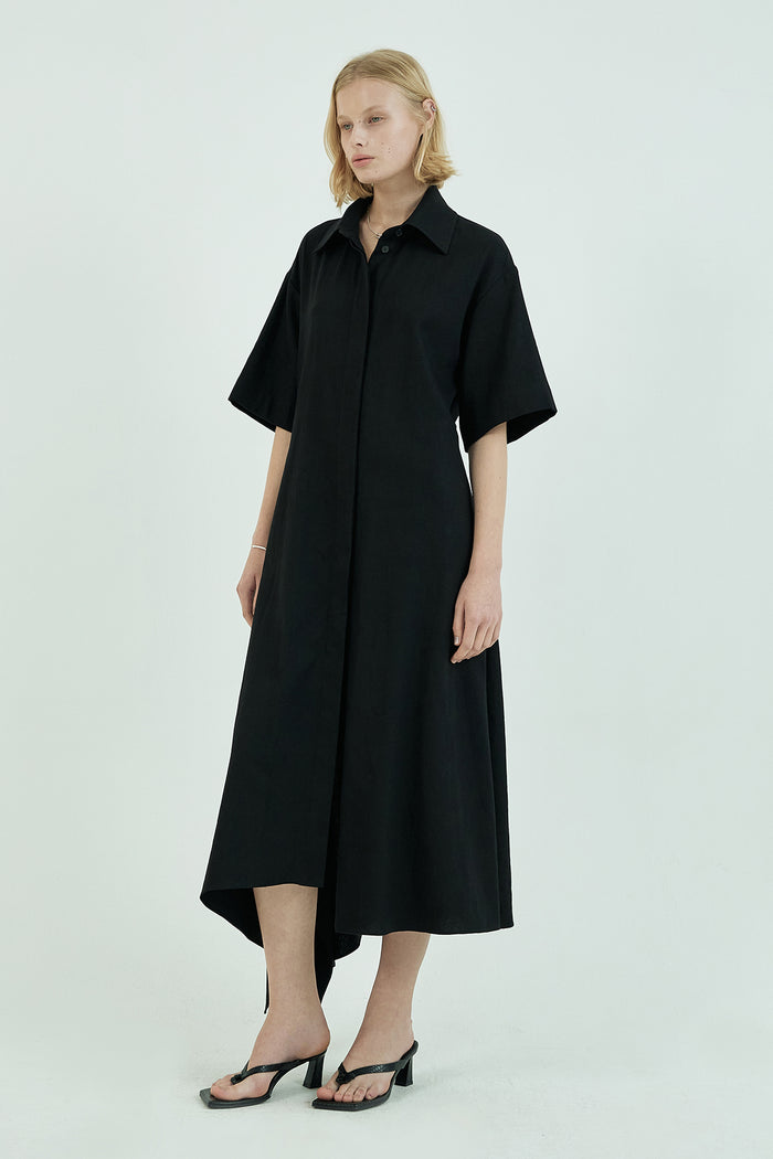 Goen.j Asymmetric-hem Linen-cotton Shirt Dress BLACK