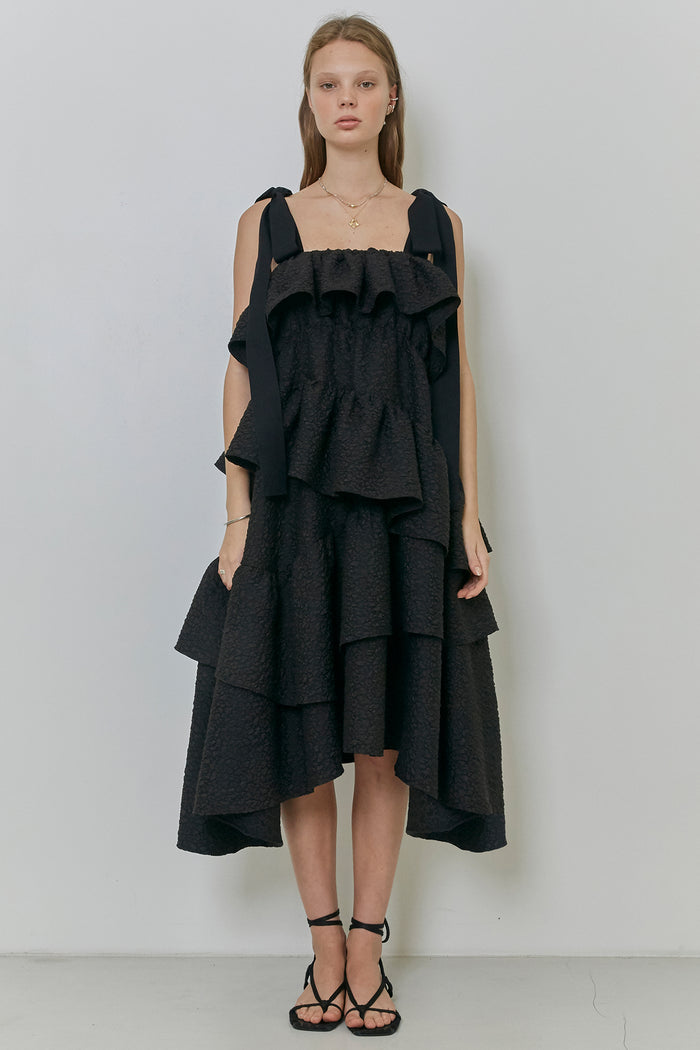 Goen.j Asymmetric Ruffled And Gathered Leopard Matelassé Dress BLACK